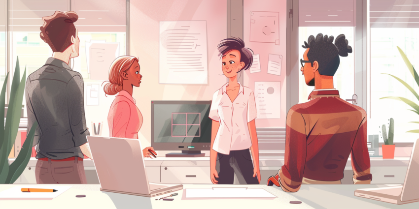 Chitrmela Dynamic office scene with a young professional discuss 105f4ca2 c135 43ec 9a8f fecb1ecf1aad 0