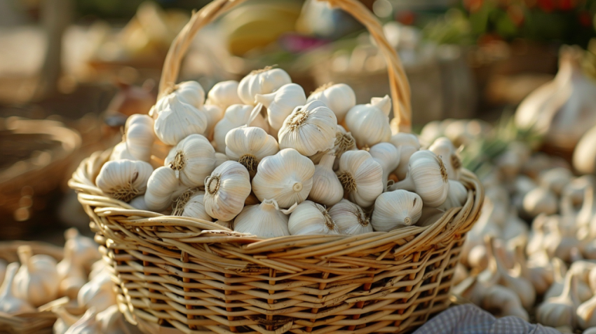 Chitrmela basket full of freshly picked garlic 4k realistic phot cf8ae3e5 0ce3 4ff8 a884 81ce40d90777 0