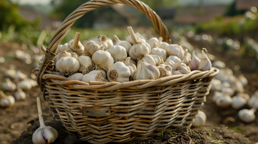 Chitrmela basket full of freshly picked garlic 4k realistic phot cf8ae3e5 0ce3 4ff8 a884 81ce40d90777 2