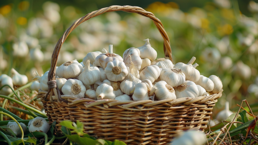 Chitrmela basket full of freshly picked garlic 4k realistic phot cf8ae3e5 0ce3 4ff8 a884 81ce40d90777 3