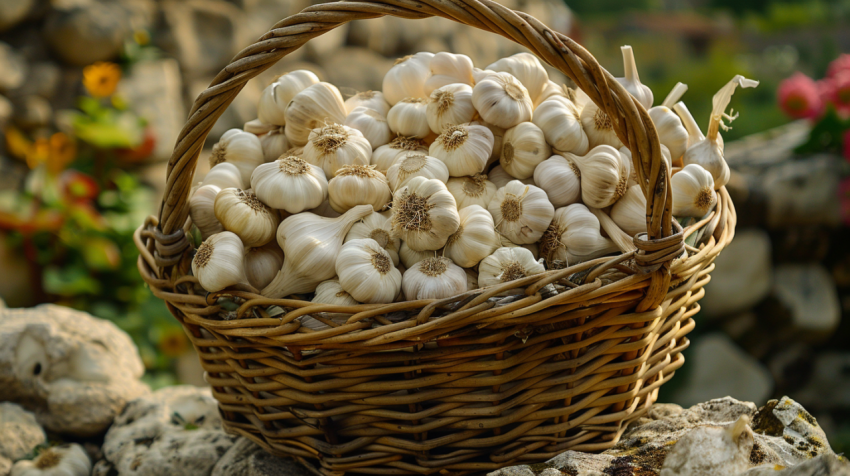 Chitrmela basket full of freshly picked garlic 4k realistic phot cf8ae3e5 0ce3 4ff8 a884 81ce40d90777 1