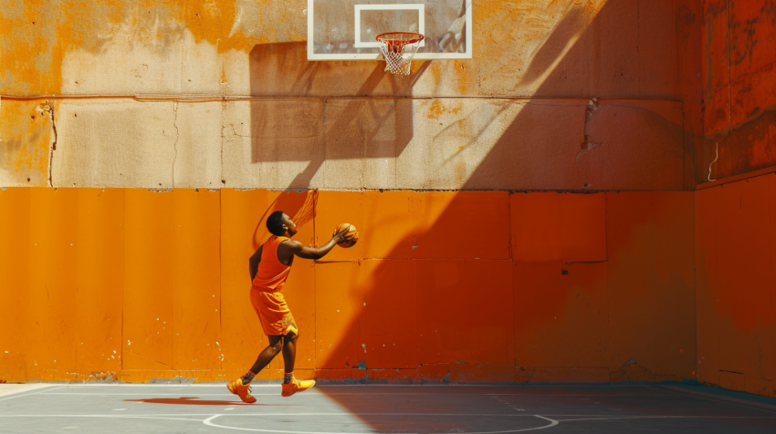 Chitrmela man in orange playing basketball in the style of comme b4f824f8 407c 40cd 8016 fb5b7f045991 3