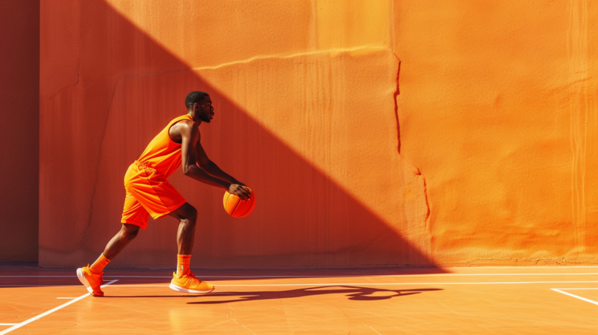 Chitrmela man in orange playing basketball in the style of comme b4f824f8 407c 40cd 8016 fb5b7f045991 1