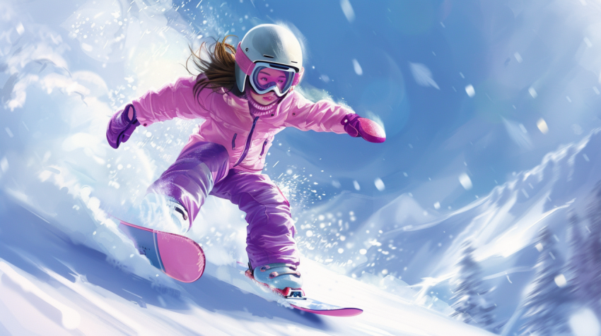 Chitrmela A skiing little girl on a snowboard wearing a pink and 7704f7d8 48eb 474b 8bc7 b37512b3623e 0