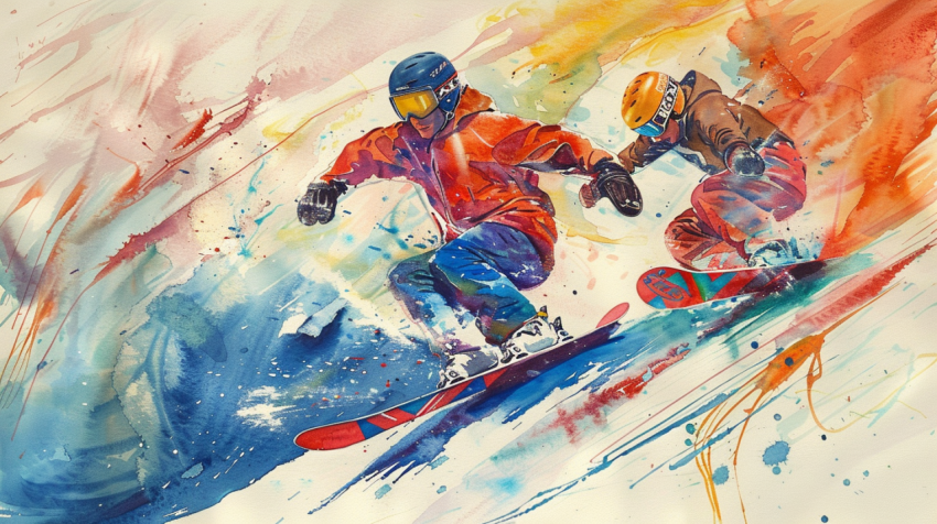 Chitrmela painting of two snowboarders at high speed in the styl e09e7965 6446 4e38 8d5c ca444f2966dc 0