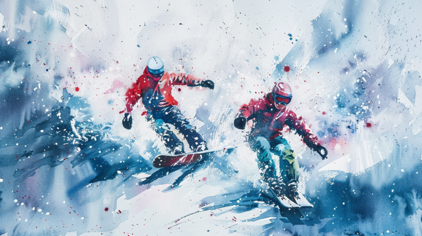 Chitrmela painting of two snowboarders at high speed in the styl e09e7965 6446 4e38 8d5c ca444f2966dc 2