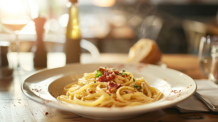 Chitrmela Pasta carbonara  on empty table with empty copy space  6baf4127 3a97 485e 9d5b fa003699a478 2