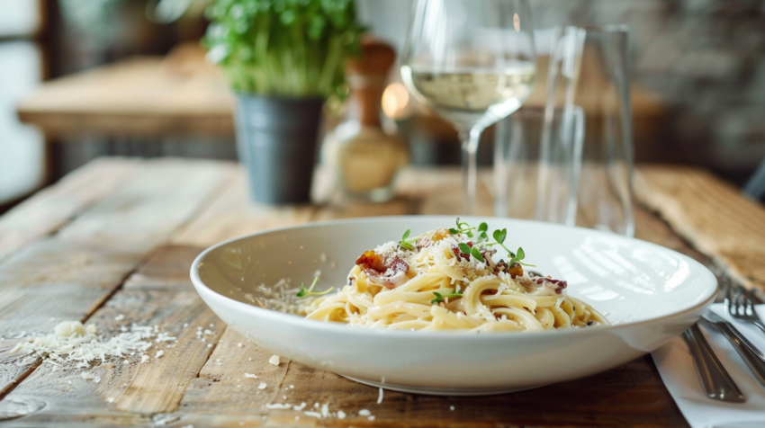 Chitrmela Pasta carbonara  on empty table with empty copy space  6baf4127 3a97 485e 9d5b fa003699a478 0