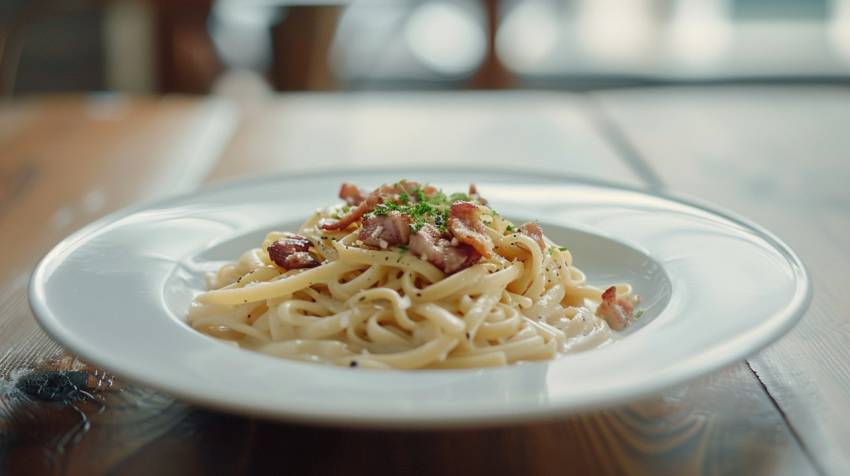 Chitrmela Pasta carbonara  on empty table with empty copy space  6baf4127 3a97 485e 9d5b fa003699a478 1