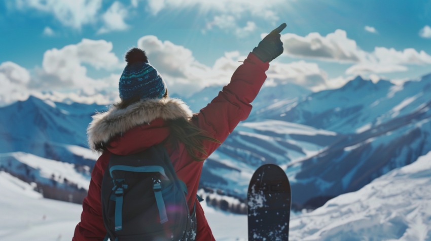 Chitrmela a girl snowboarder rejoices and points to the mountain 97c7e8d0 dcd4 4ac4 b0c9 399923ddc397 0