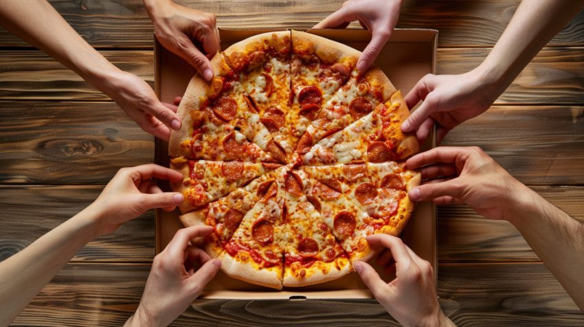 Chitrmela Peoples hands reach out for pizza  The pizza lies in a f86f8c44 d8ea 4115 a01f f11ad333e345 0