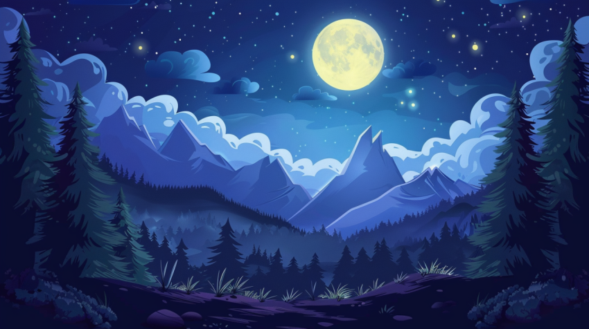 Chitrmela moonlit sky trees and mountains in a cartoon style web cf44233b 0505 48f9 b66e ddc808374626 0