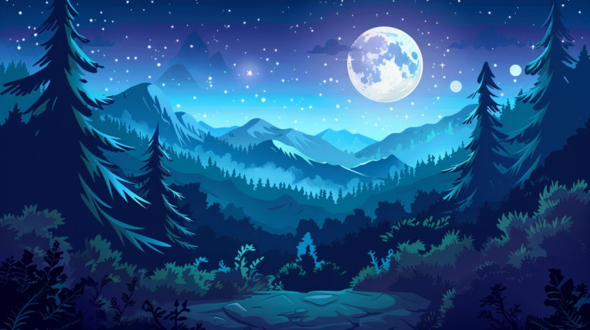 Chitrmela moonlit sky trees and mountains in a cartoon style web cf44233b 0505 48f9 b66e ddc808374626 3