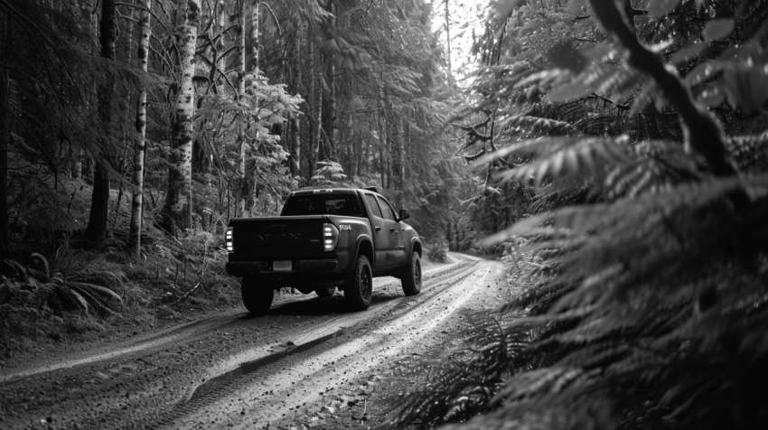 Chitrmela black pick up truck driving on dirt path in the forest 29b9e1bb 08cb 45ce 92f7 a83653553abd 0