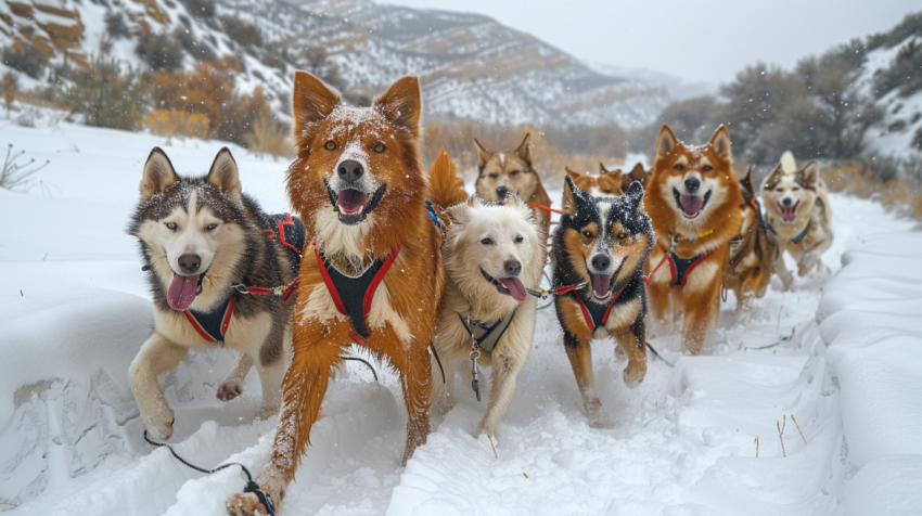 Chitrmela Six sled dogs are dragging their sleds in the snow   a a50d3951 0047 4569 8091 1fb622ca0393 1