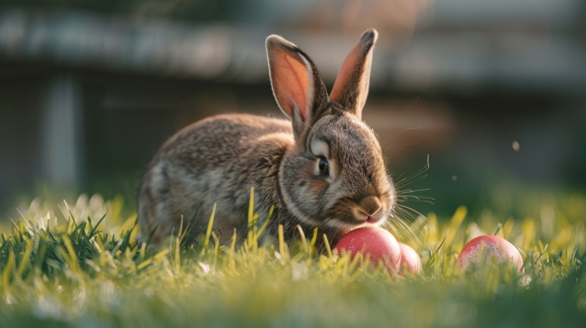 Chitrmela Easter bunny rabbit with painted eggs on grass lawn  E 116966ee c98d 45f3 86c3 2926aea0fb1b 3