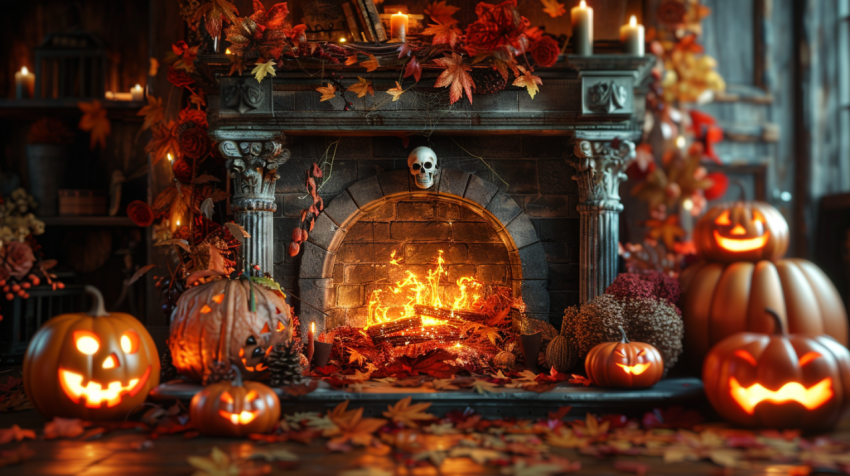 Chitrmela fireplace Halloween decor  skeleton pumpkin candles in d9ce21ca 62f5 48a3 aa33 ea5b64b497b4 2