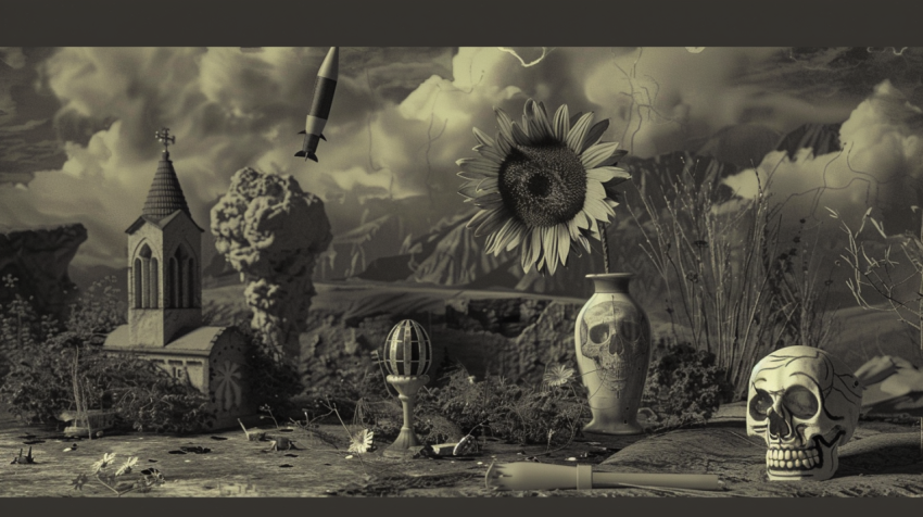 Chitrmela still life in landscape with vase sunflower skull toy  9f5a049e d28c 4f86 b6e7 454f414ba172 3