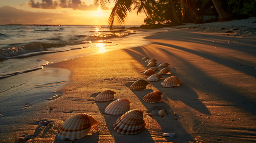 Chitrmela A coastal sunset seashells neatly arranged on the beac cdfe31e4 d7af 4491 abd1 dcedd932468d 1