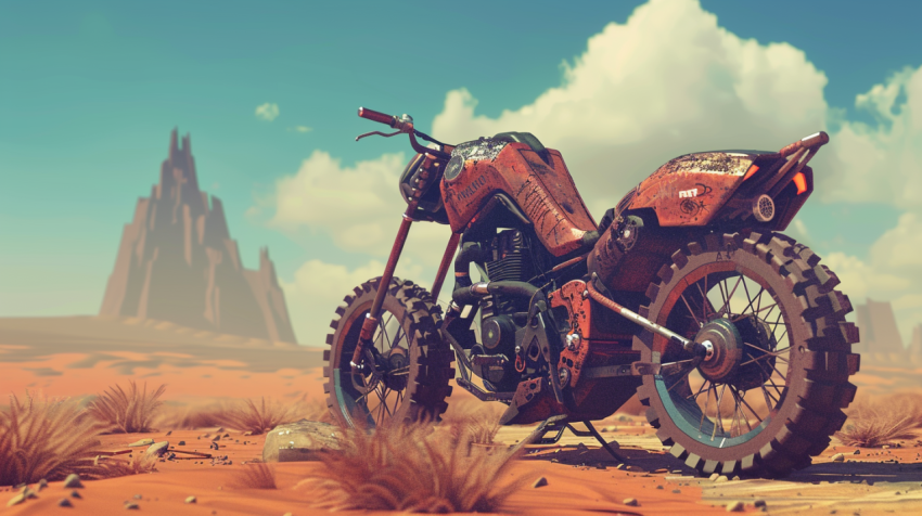 Chitrmela bike in mad max setting in desert wasteland low poly s d3591061 abad 4e33 a34b e15a4be72ebb 0