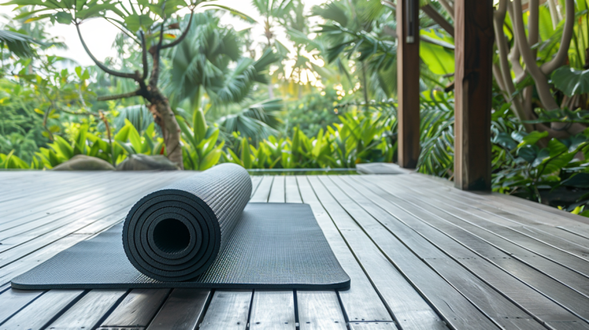 Chitrmela Unrolled yoga mat on wooden floor in modern veranda of 38d65886 c0d0 45c6 ab13 247b3a22ad9c 3