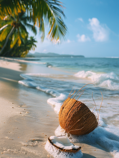 Chitrmela a split coconut lies on the seashore near palm trees   10eaec6a 0c92 4bc1 b105 14ce5307f899 3