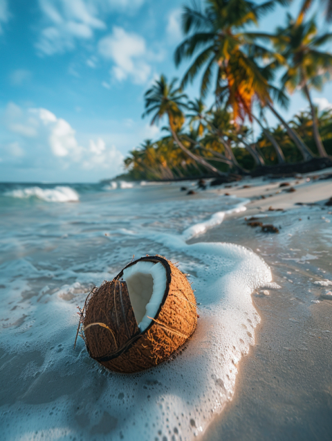 Chitrmela a split coconut lies on the seashore near palm trees   10eaec6a 0c92 4bc1 b105 14ce5307f899 0