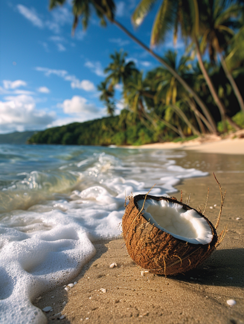 Chitrmela a split coconut lies on the seashore near palm trees   10eaec6a 0c92 4bc1 b105 14ce5307f899 2