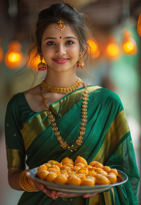 Chitrmela sweet smile woman in green sari carrying a plate of sw 83feea26 7352 4da1 9ffb 8ac992e0fe24 0