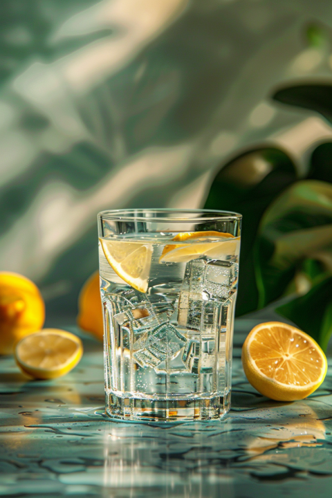 Chitrmela a glass with water and lemon slices on a counter in th 3e176ddc a620 4c70 86a6 f134ba266187 3