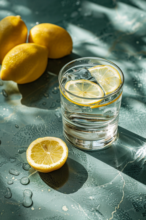 Chitrmela a glass with water and lemon slices on a counter in th 3e176ddc a620 4c70 86a6 f134ba266187 0