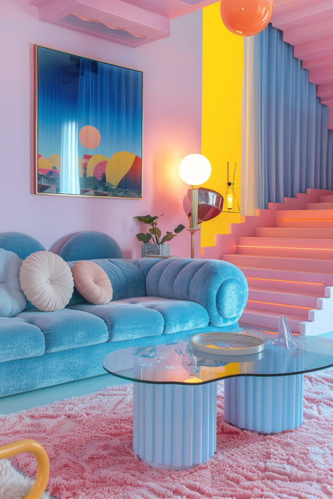 Chitrmela a living room in pale blue and pink in the style of fu 63017540 1d78 4b40 86e2 b38cdd1563d1 2