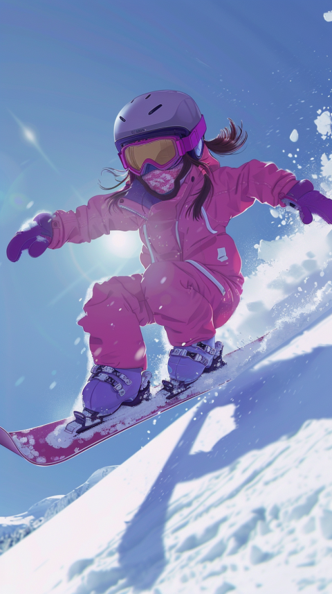 Chitrmela A skiing little girl on a snowboard wearing a pink and b449015a 6695 4e05 a1b1 0e4bb8027fa8 0