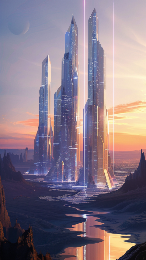 Chitrmela Envision a futuristic alien city skyline at dusk where 347cf526 fa9d 4ffb bdca e0a64e608c40 0