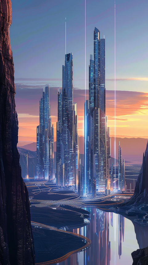 Chitrmela Envision a futuristic alien city skyline at dusk where 347cf526 fa9d 4ffb bdca e0a64e608c40 1