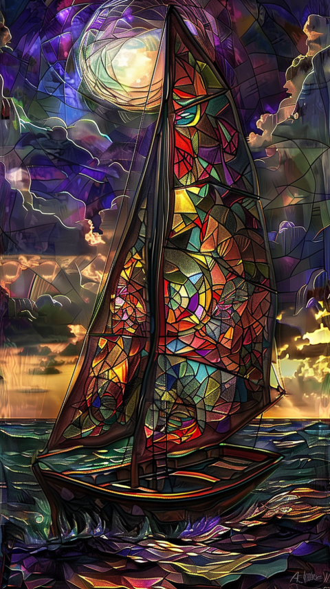 Chitrmela the sail boat is a glass stain glass in the style of r 99618db9 6e3a 4995 9c0b a2f9508f7773 1