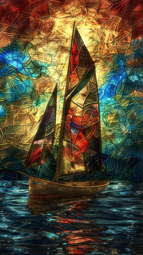 Chitrmela the sail boat is a glass stain glass in the style of r 99618db9 6e3a 4995 9c0b a2f9508f7773 3