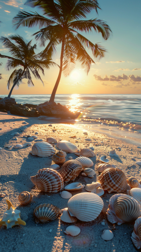 Chitrmela A coastal sunset seashells neatly arranged on the beac 741172a2 853e 48ec a5e9 e80c361c80bf 0