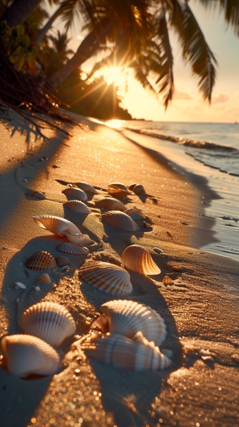 Chitrmela A coastal sunset seashells neatly arranged on the beac 741172a2 853e 48ec a5e9 e80c361c80bf 1