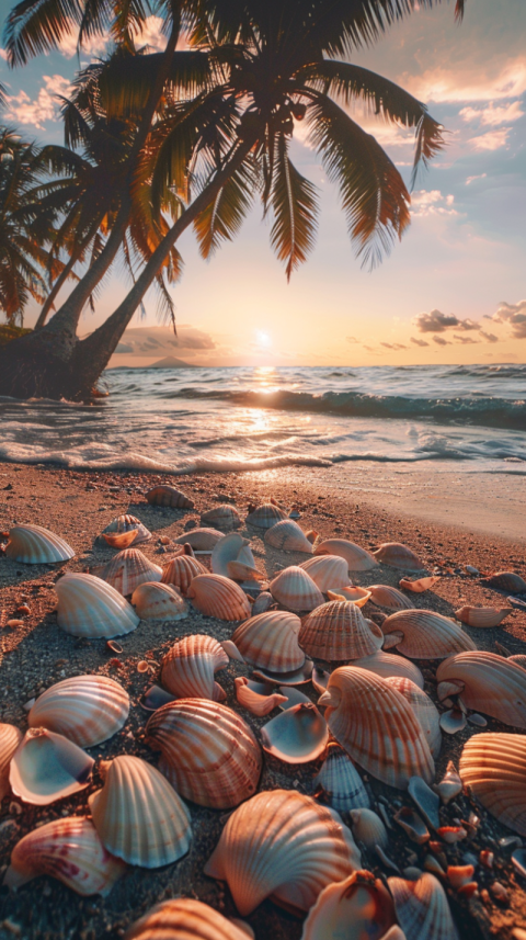 Chitrmela A coastal sunset seashells neatly arranged on the beac 741172a2 853e 48ec a5e9 e80c361c80bf 2