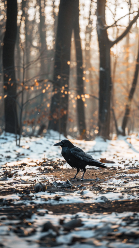 Chitrmela a vertical photo of a crow walking in the woods in win 42c22d3e 55b8 4432 8c55 0f271c91290d 0