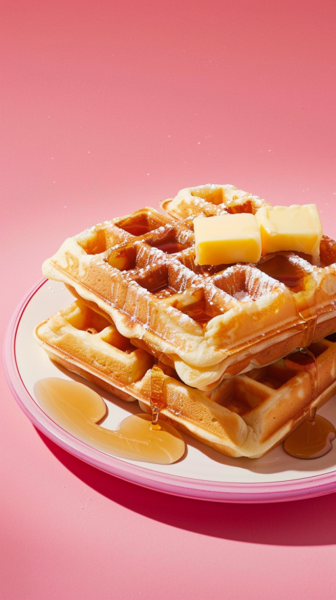 Chitrmela waffles with butter and syrup pink color background fo 28afee38 4950 4486 980c c75722d7b2ea 3