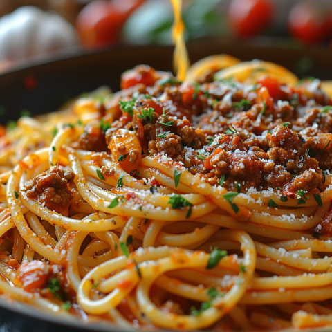 Chitrmela Close up of spaghetti bolognese with the elements spil 91ca41b4 9e73 434b bc57 882ce109f51e 0