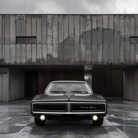 Chitrmela imagine a 1970 dodge charger in front of a brutalist a c079b63c 1d11 4b39 9d98 03c5374798d6 1