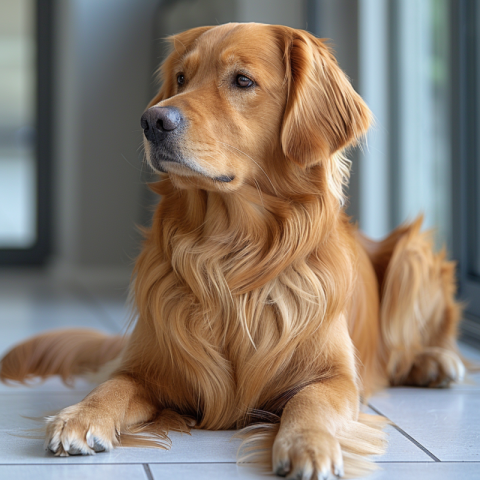 Chitrmela a Golden retriever laying on a white tile floor side v 67f0da21 555c 49b6 8685 aed6375269be 0