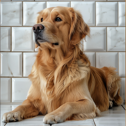 Chitrmela a Golden retriever laying on a white tile floor side v 67f0da21 555c 49b6 8685 aed6375269be 1