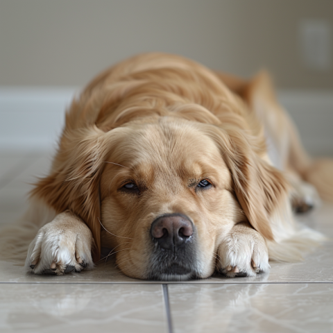 Chitrmela a Golden retriever laying on a white tile floor side v 67f0da21 555c 49b6 8685 aed6375269be 3