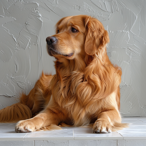 Chitrmela a Golden retriever laying on a white tile floor side v 67f0da21 555c 49b6 8685 aed6375269be 2