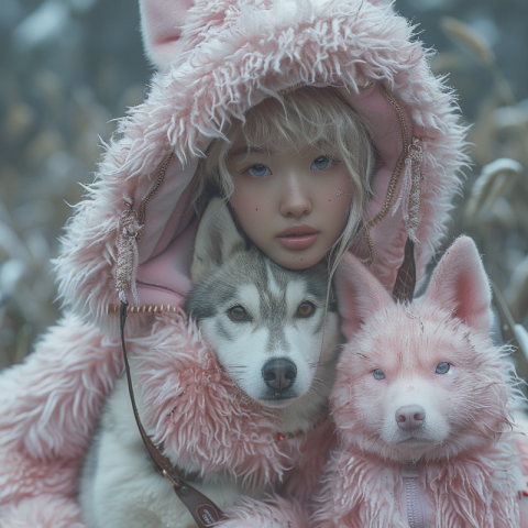 Chitrmela a husky dog crouching and his owner pink bunny mask gi 61daf369 a5bf 4f1b 9670 4d8cea73863c 2