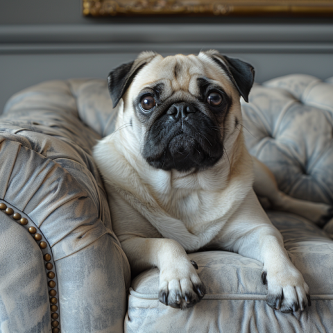 Chitrmela A white pug with black patches lying on a vintage sofa 6297bcdc d0a7 487f 9200 e1bb921268ea 1